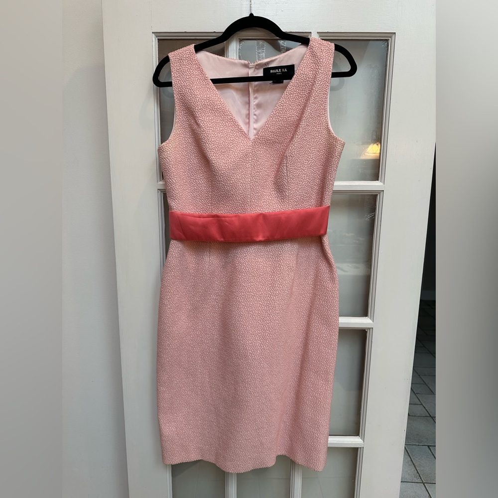 Paule Ka Paris Blush Pink Textured Tweed Dot Dress Coral Belt Size EU 40 US M